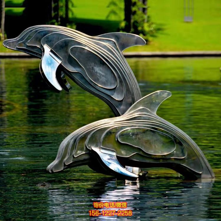 不銹鋼海豚雕塑，池塘水景抽象海豚景觀動(dòng)物雕塑